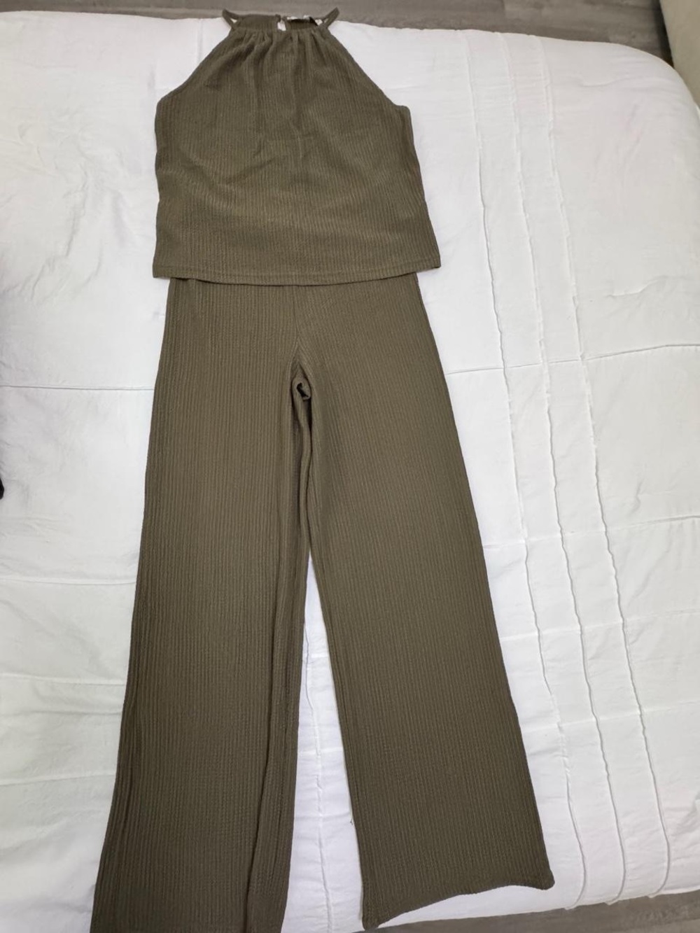 Mango Ribbed Halter Wide-Leg Jumpsuit in Olive